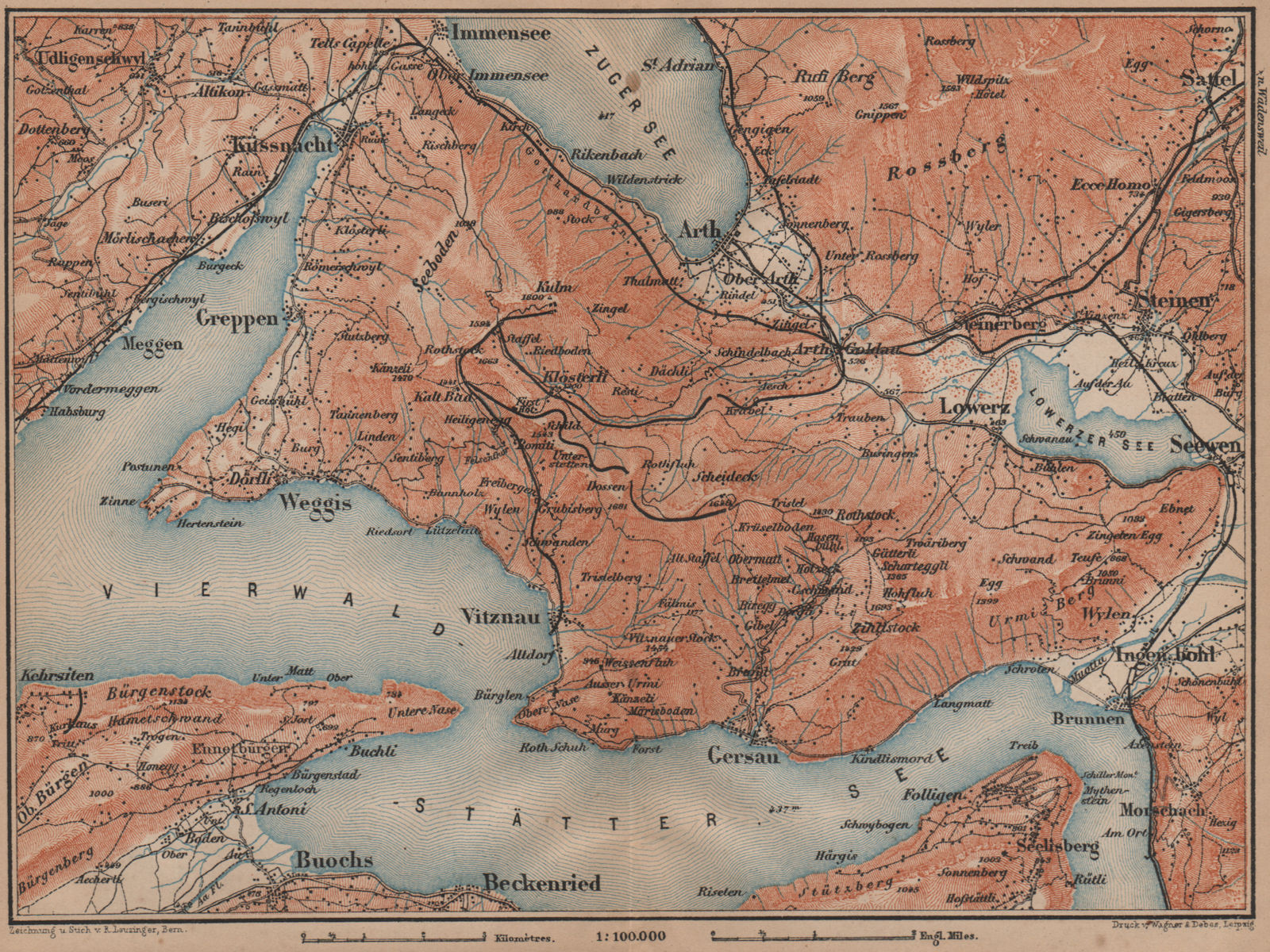 THE RIGI. Vitznau Lowerz Immensee Arth Gersau Bekenried. Topo-map 1899 old